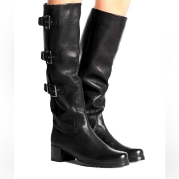 Stuart Weitzman Cinchboot Black Leather Tall Boots Buckle 10M $745 Retail - Picture 1 of 16
